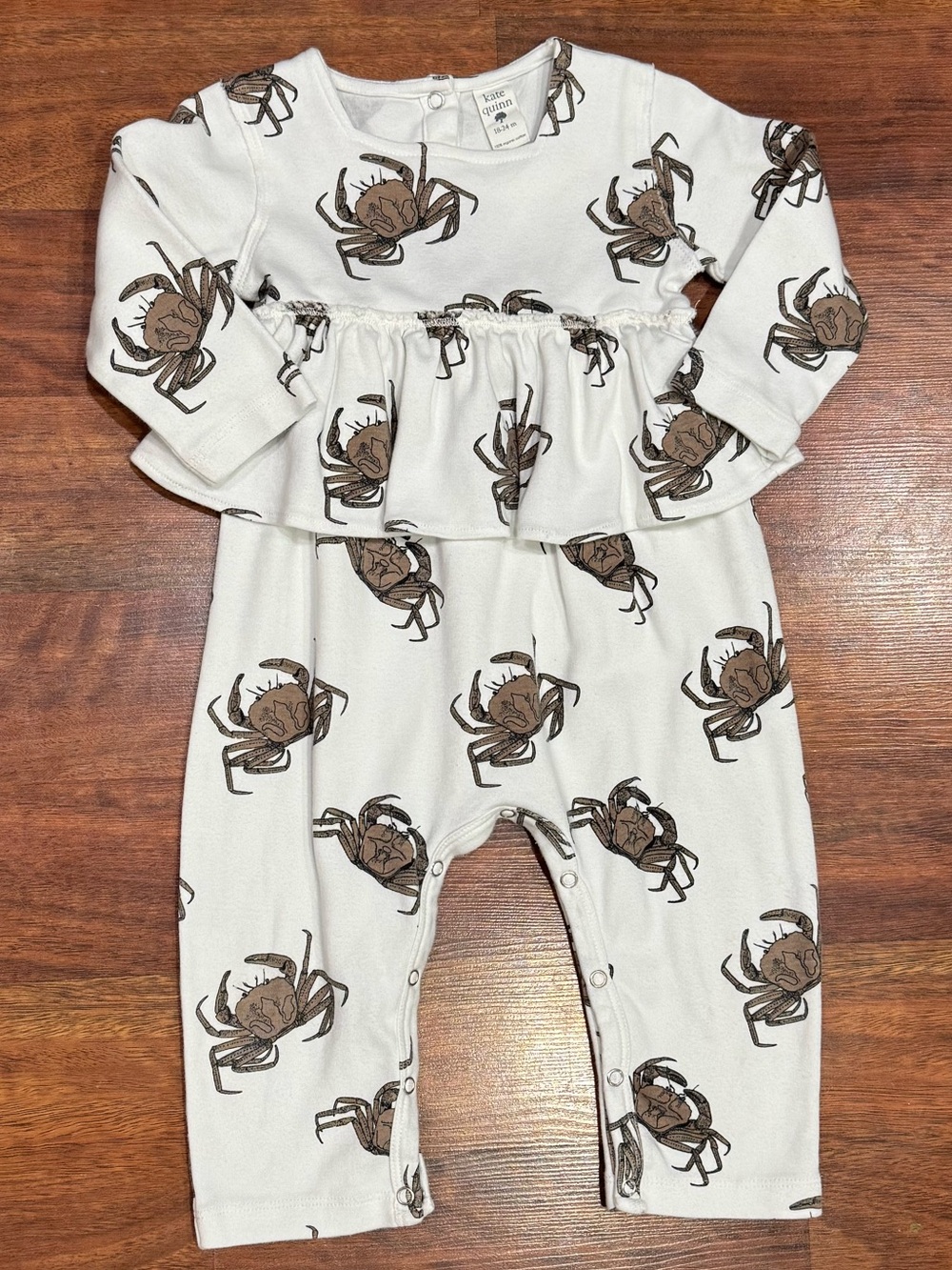 Kate Quinn -  White Romper with Brown Crab Print with Ruffle